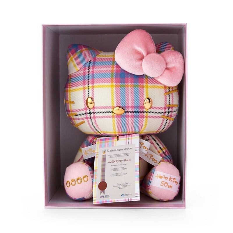 Sanrio Hello Kitty Plush with Box Dress Tartan Design 50th Anniversary Rocalon