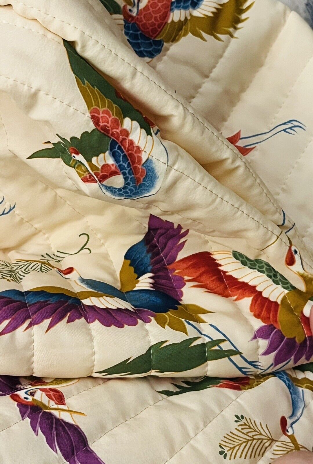 RARE Vintage HOFFMAN CALIFORNIA FABRICS-Quilted, Colorful Cranes/Birds 36”X 44”