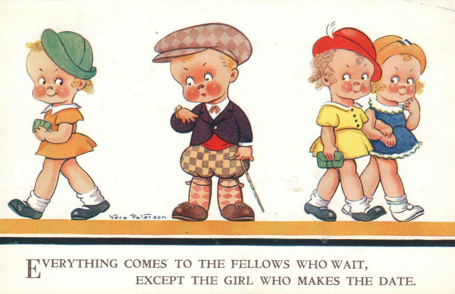 VINTAGE Comic Illust Vera Paterson Boy Waits for Girl Who Never Comes POSTCARD