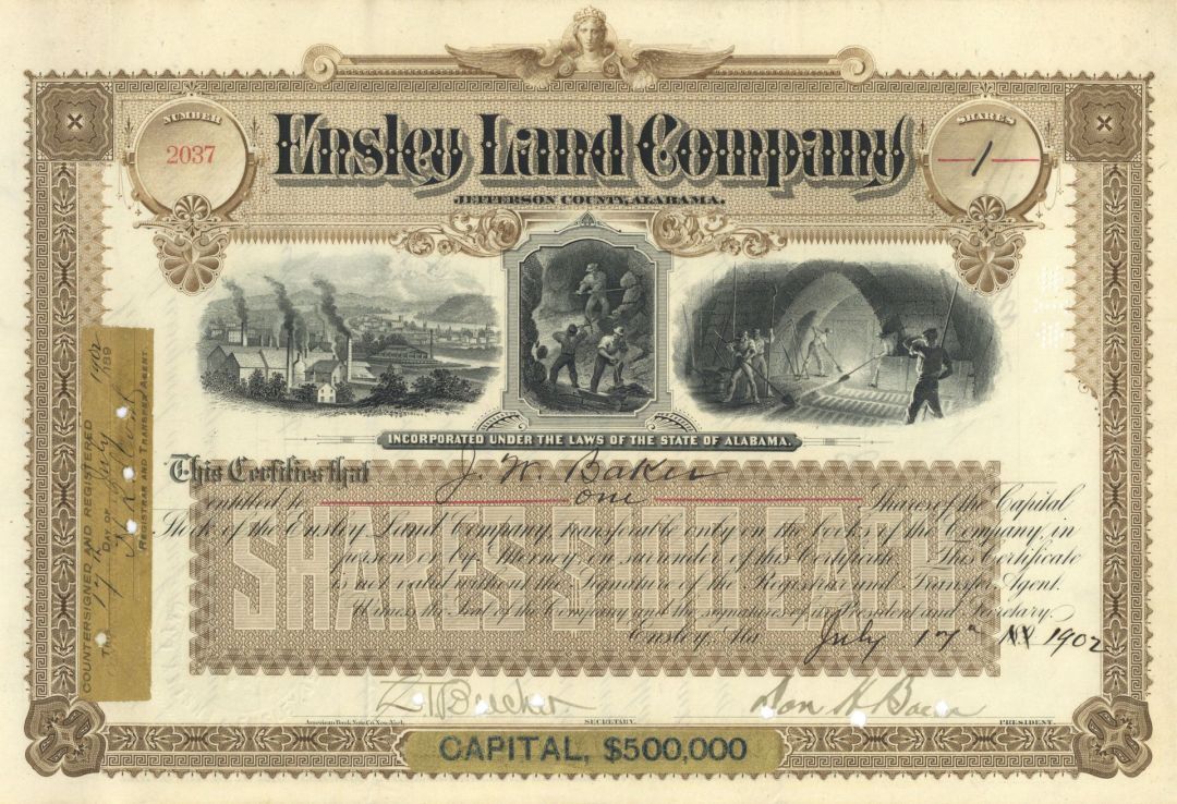 Ensley Land Co. - Enoch Ensley - 1880's to 1900's dated Alabama Land Stock Certi