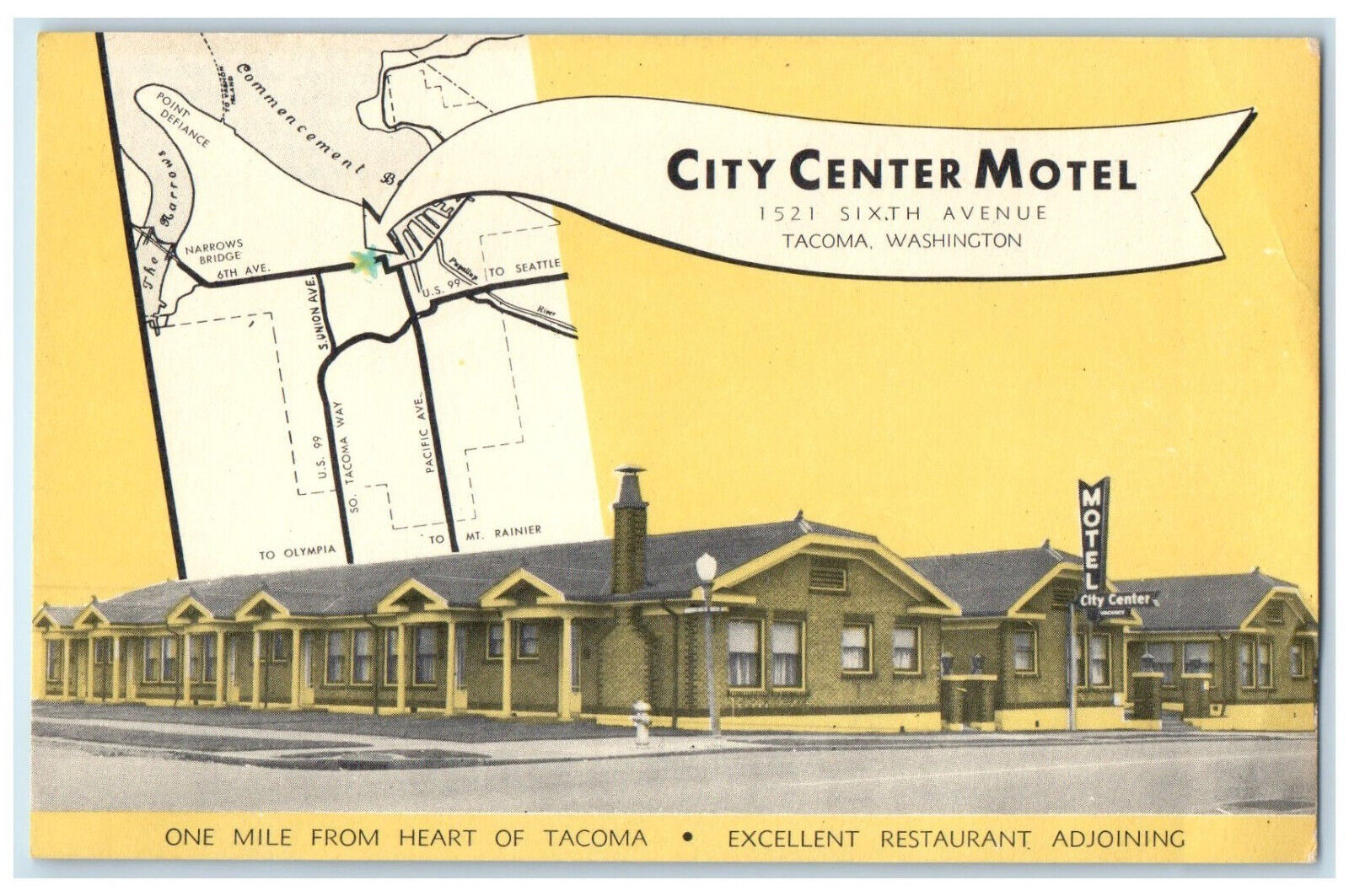 c1950\'s City Center Motel Map Building Tacoma Washington WA Postcard