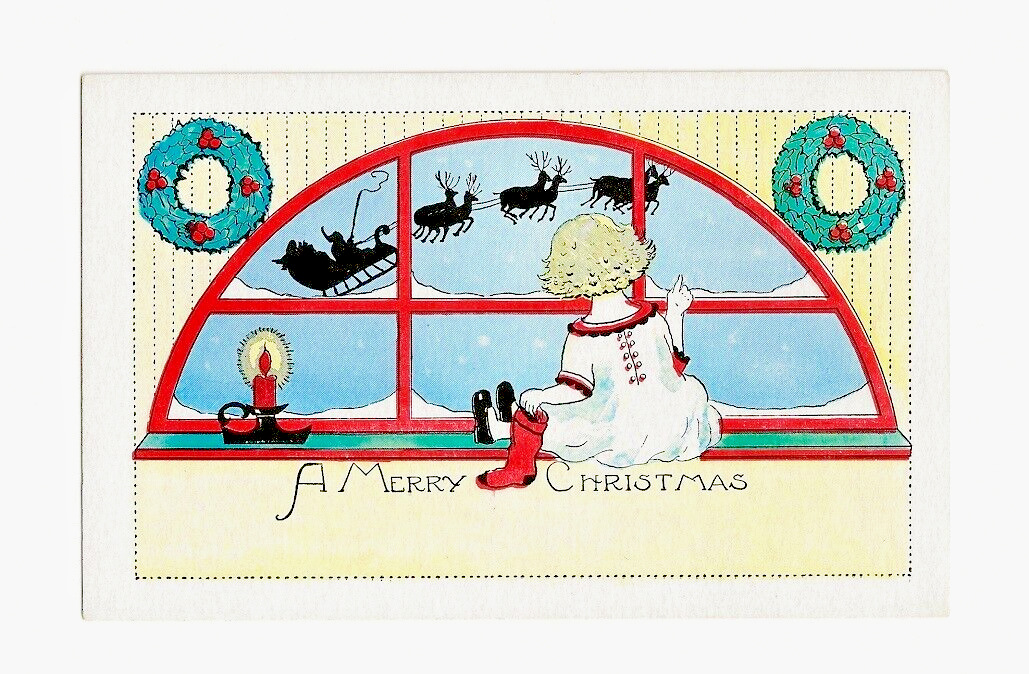 Unposted 1910s-20s Child Sees SANTA Fly by Window Antique Postcard