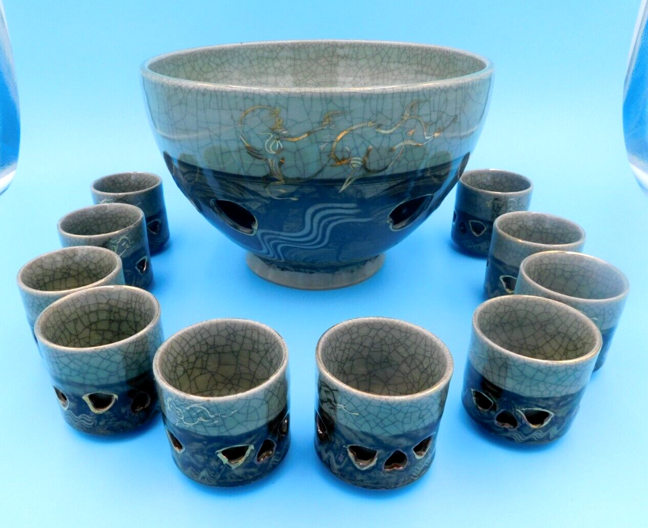 Soma Ware Japanese Pottery Somayaki Punch Bowl w/10 4oz Cups Gold Horse Otagiri
