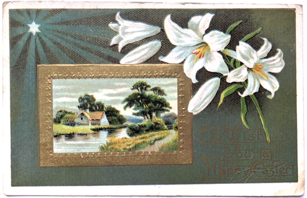 Vintage Antique Easter Postcard Easter Lilies Embossed Gold Gilt Scenic c1910