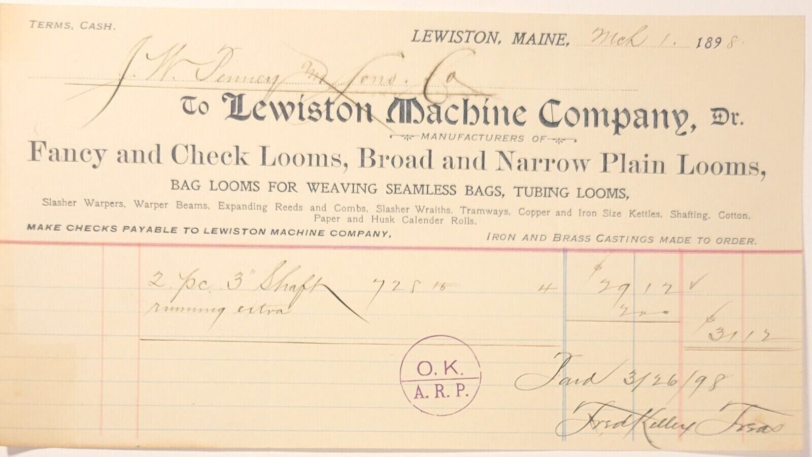 Lewiston Machine Company Lewiston ME 1898 Billhead Fancy and Plain Looms