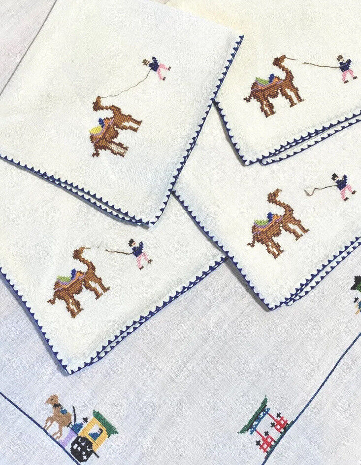 1960s Embroidered Silk Road Caravan Theme Fine Linen Tablecloth & Napkins VGC