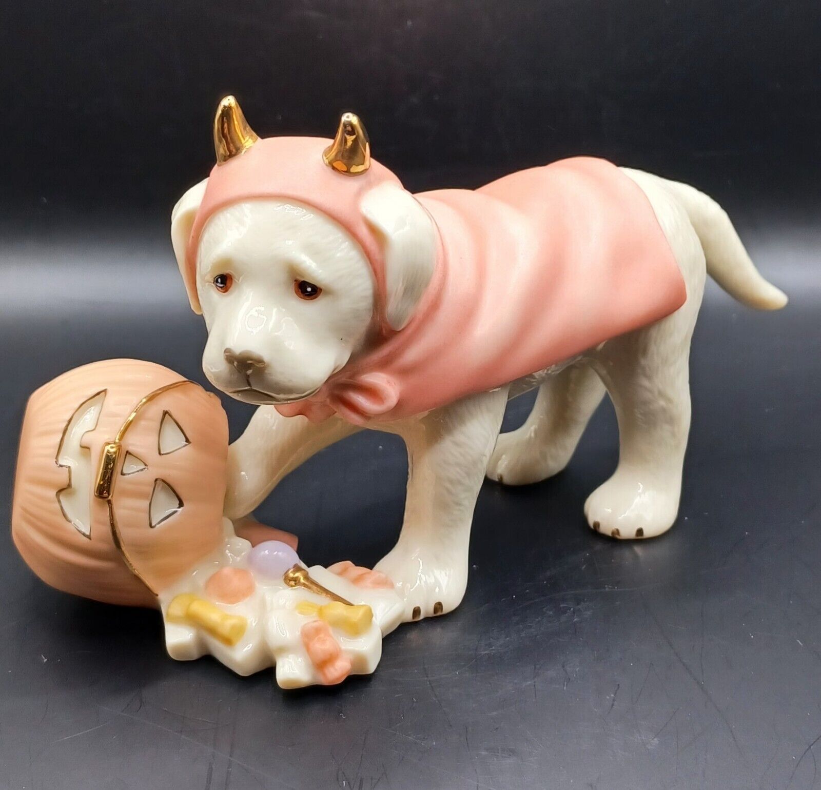 Lenox Halloween Dog with Horns Pumpkin Figurine Ivory Fine China 24 Kt Gold 4\