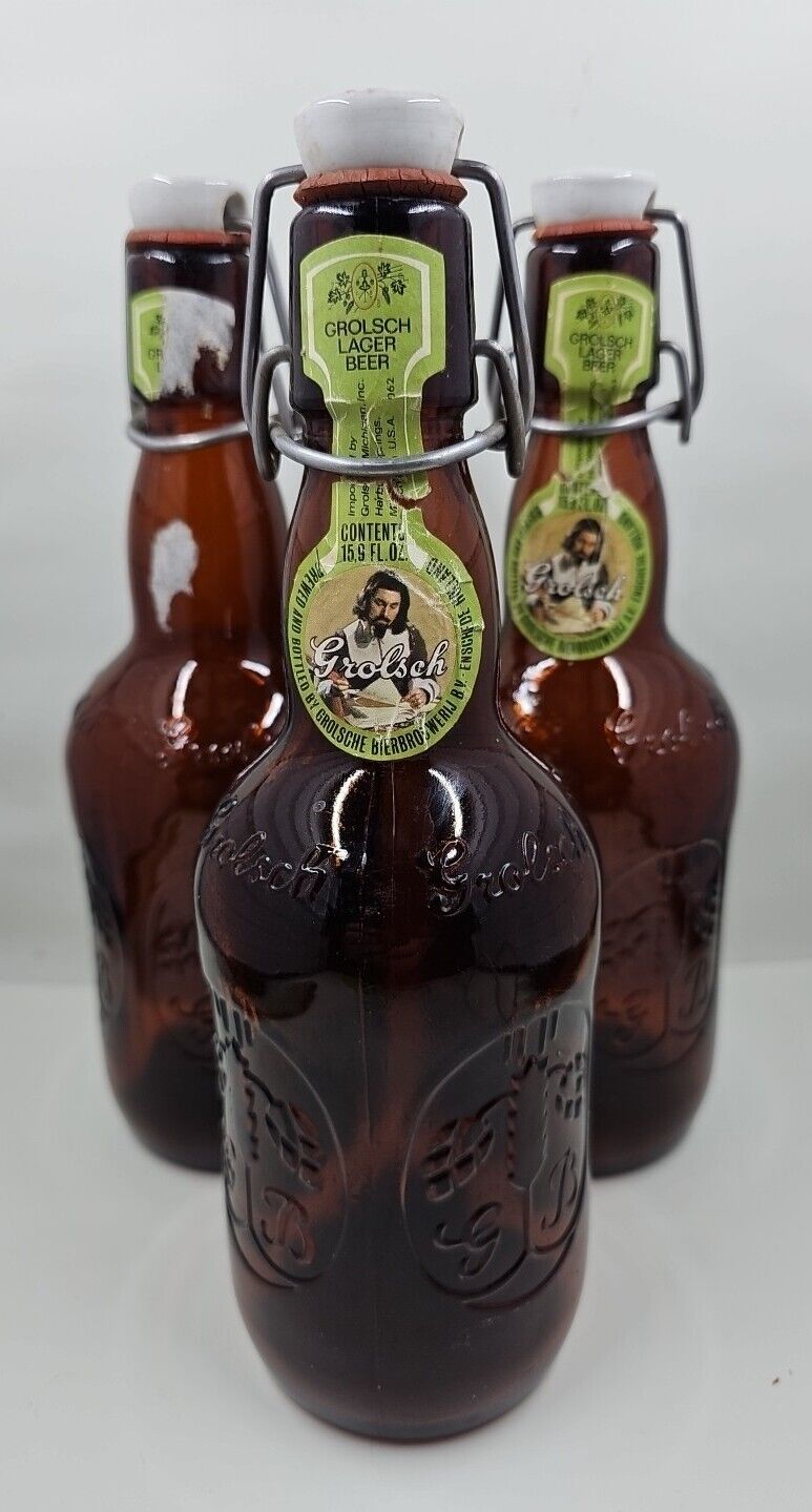 Lot of 3 Vintage Grolsch Beer Bottles Amber Brown Glass Porcelain Flip Swing Top
