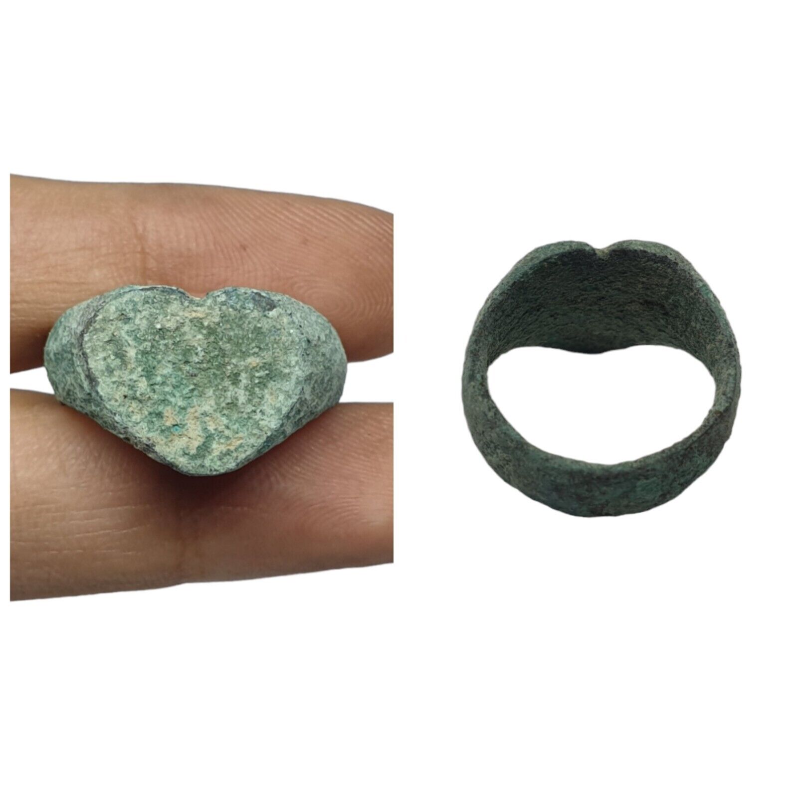Rare Antique Bronze Medieval Signet Intaglio Engraved Heart Ring Size 7.25US