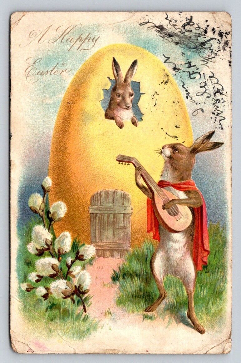 c1905 Raphael Tuck Anthropomorphic Dressed Rabbit Guitar Egg House Easter P146A