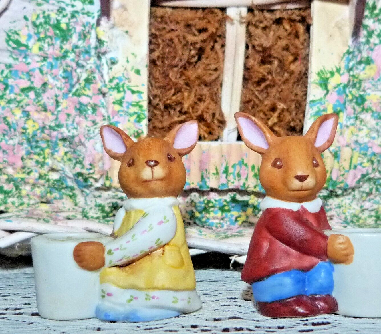 Vintage Pair Susan Labelle Mini Bunny Rabbit Candle Holders Porcelain 2\
