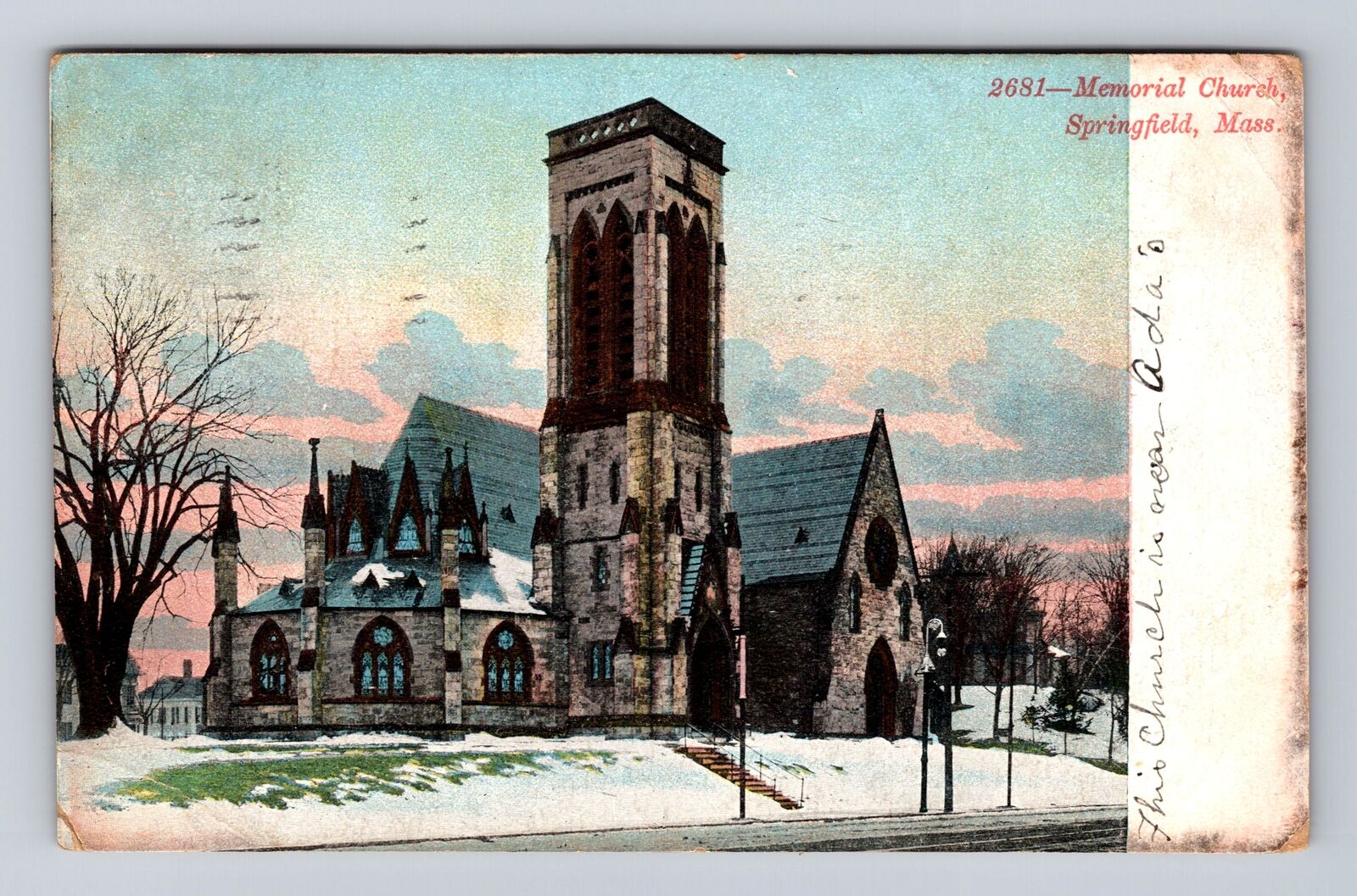 Springfield MA-Massachusetts, Memorial Church, Religion, Vintage c1908 Postcard