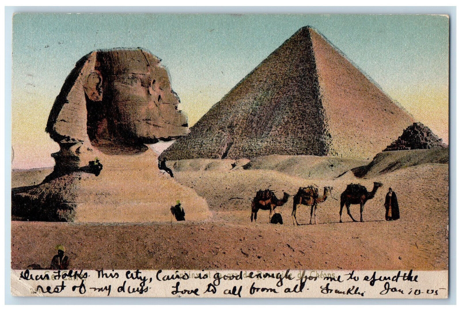 1905 Camel in the Desert Sphinx at Le Caire Cairo Egypt Antique Posted Postcard