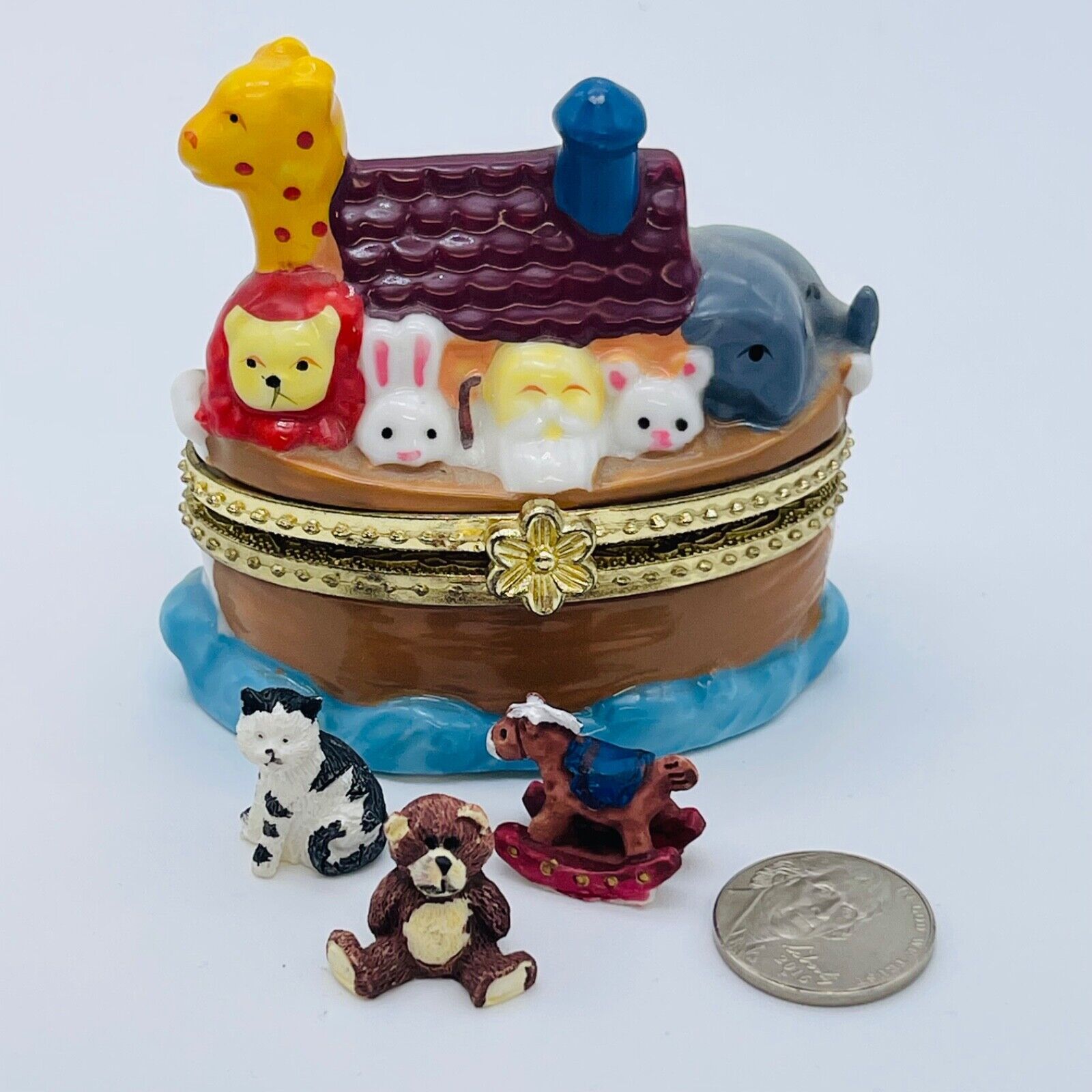 Vintage Noah’s Ark Hinged Trinket Box Hand Painted Porcelain 2.5” X3” 3 trinkets