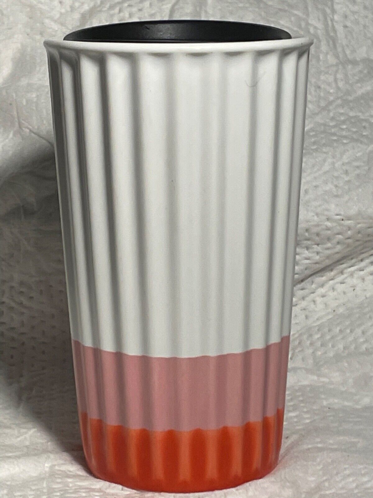 Starbucks Ceramic Travel Tumbler Coffee Mug White Pink Striped Ribbed 10 fl oz