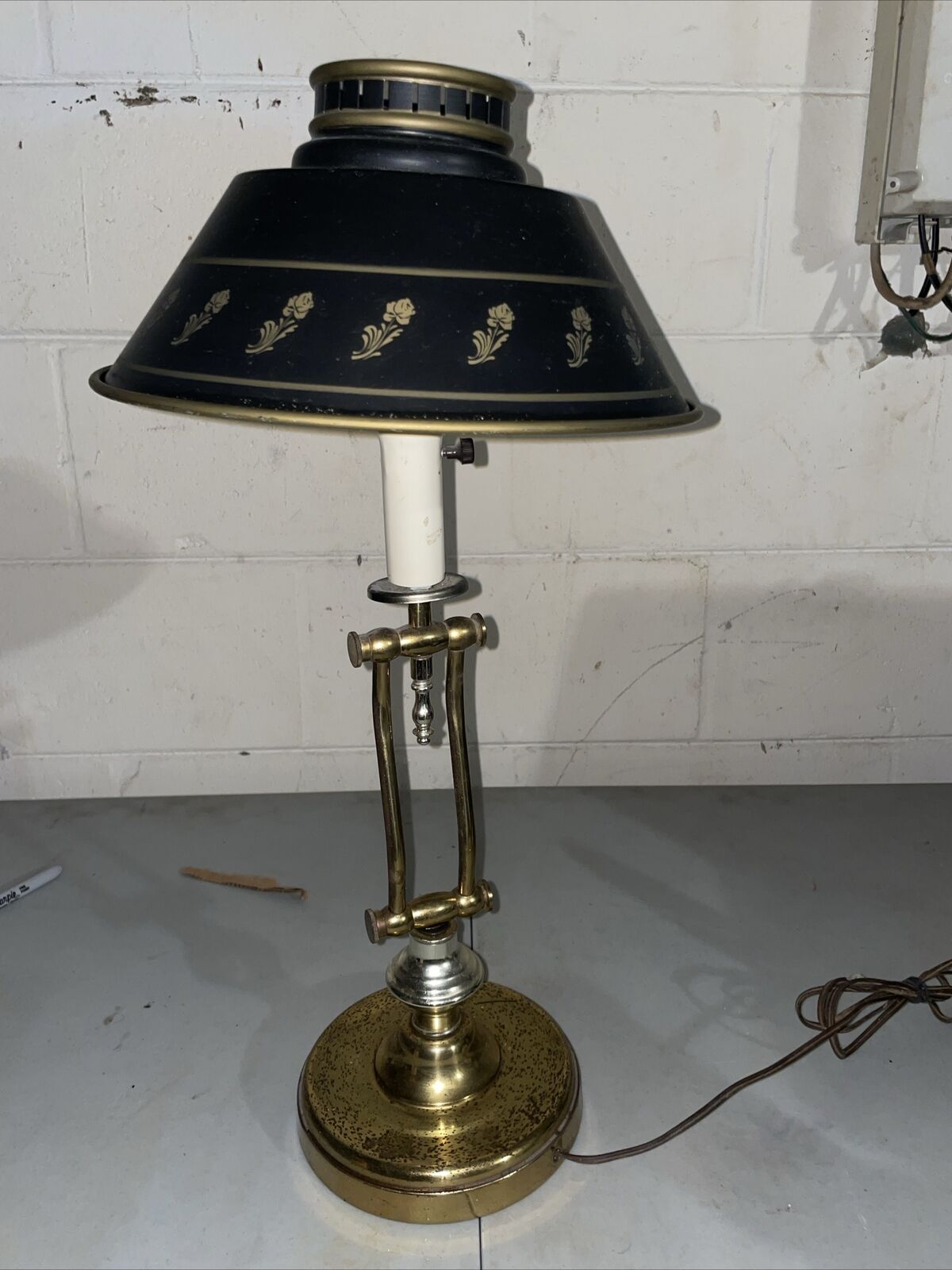 French Empire Bankers Style Adjustable Brass Desk Lamp with Black Shade VTG 22”