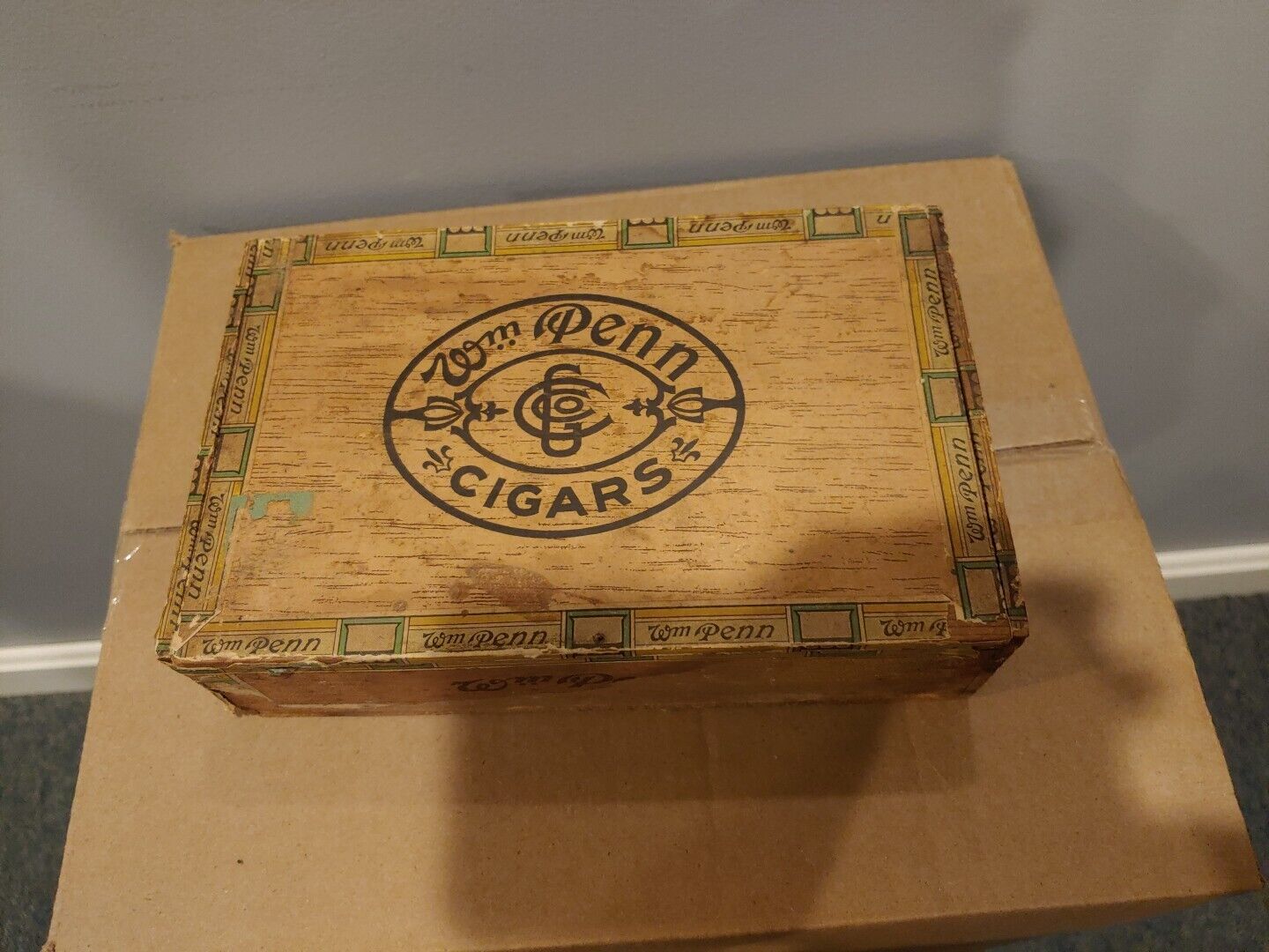 Vintage Wm. Penn Wooden Cigar Box Factory No. 522 Try District N.J.