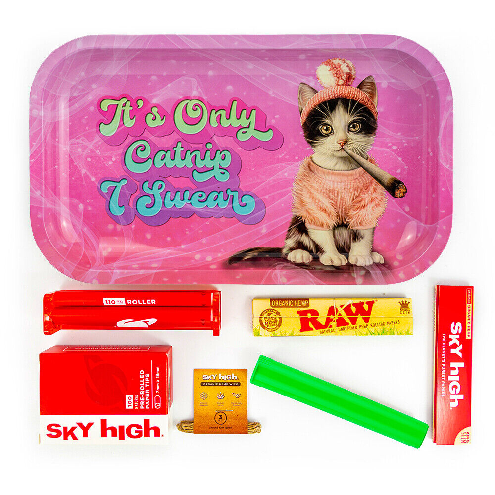 Metal Rolling Tray Catnip Combo Bundle Kit RAW, SKY HIGH Gift Pack Set #24 King