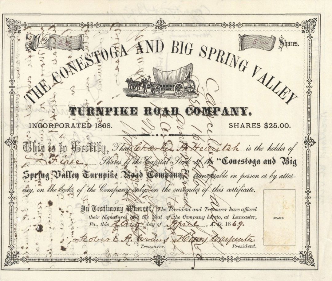 Conestoga and Big Spring Valley Turnpike Road Co. - Stock Certificate - Early Tu