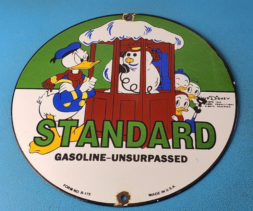 Vintage Standard Gasoline Sign - Porcelain Walt Disney Gas Oil Pump Plate Sign