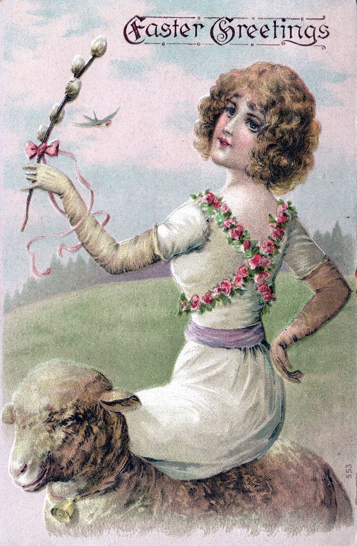 EASTER - Young Woman Sitting On Sheep Postcard