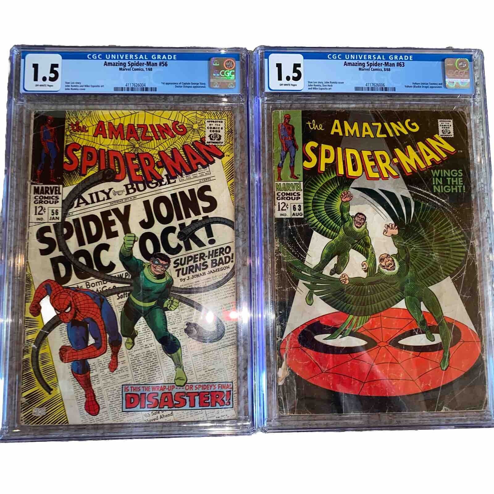 AMAZING SPIDER-MAN #56 & #63 CGC 1.5 OFF-WHITE PAGES 1st app George Stacy key