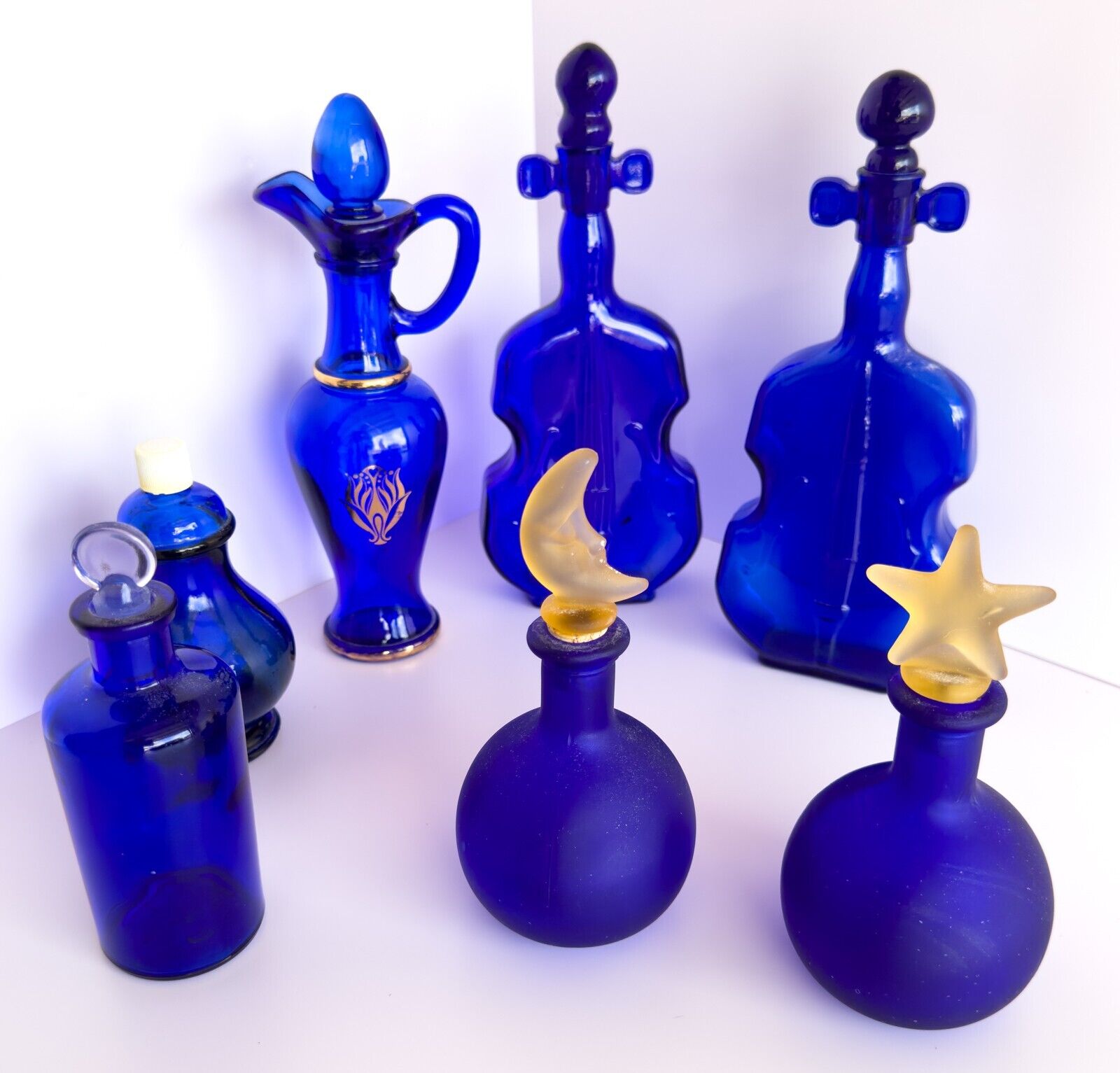 LOT - Vintage Cobalt Blue Perfume Bottles Crescent Moon and Star and others