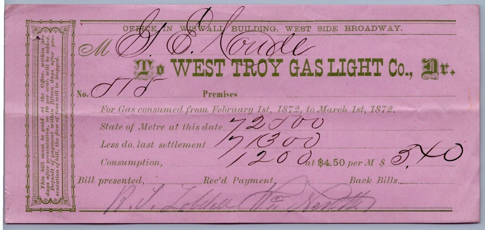 1872 West Troy Gas Light Co Bill New York NY Vintage Power