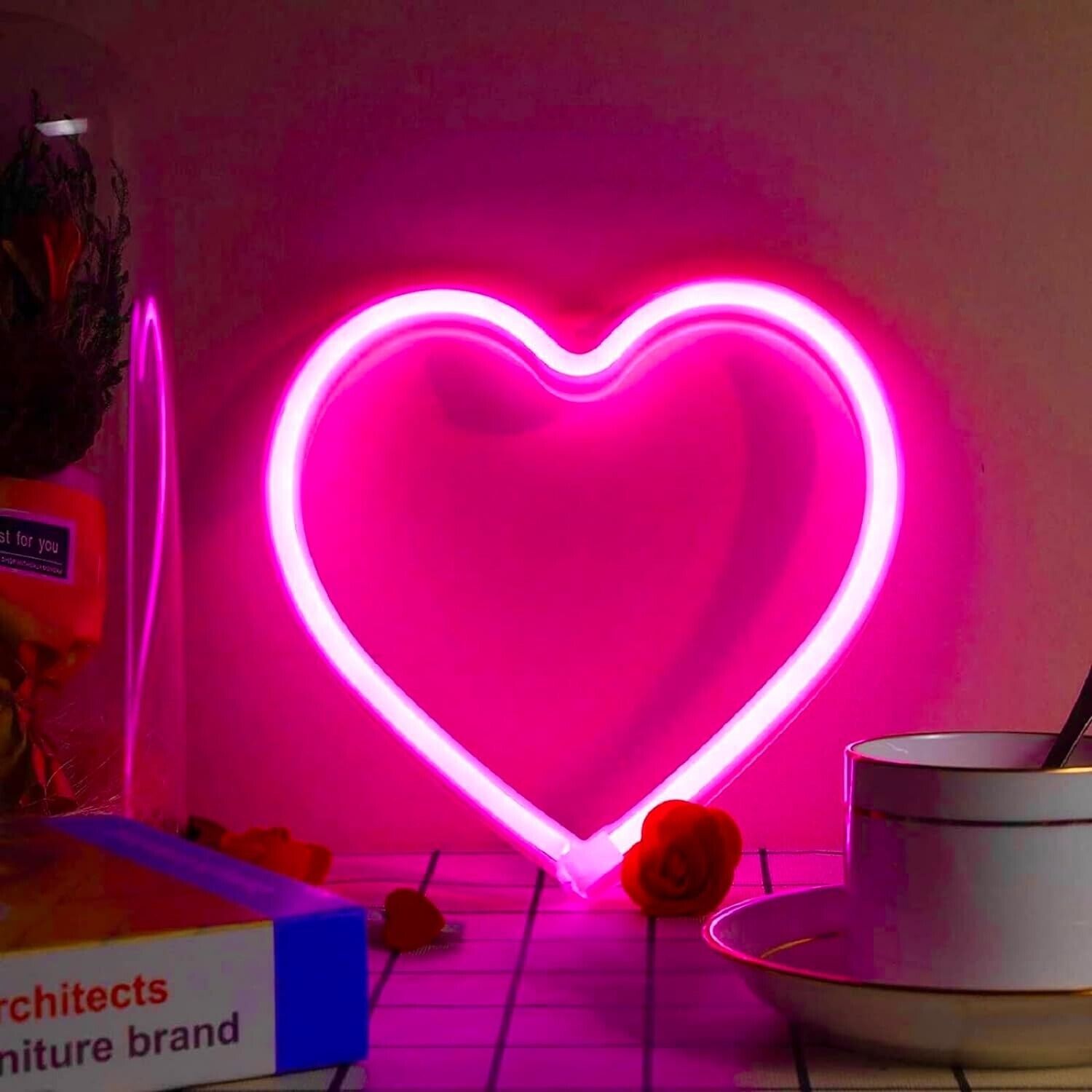Pink Heart Neon Sign, LED Light Battery Operated or USB Powered Decoration Light