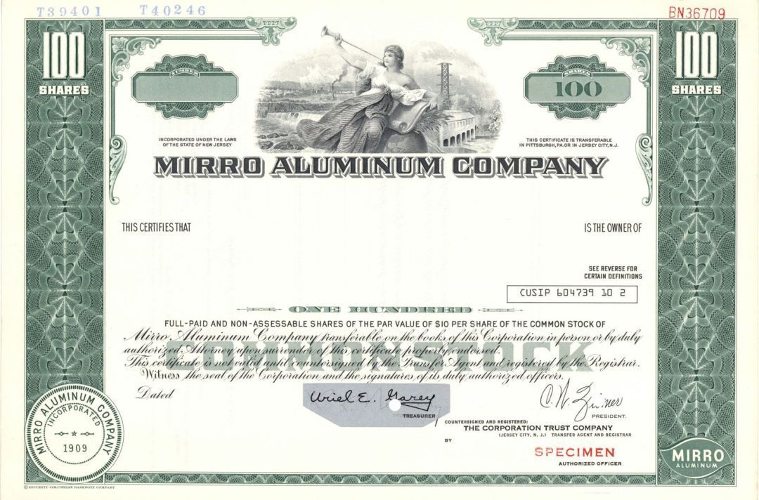 Mirro Aluminum Co. - 1909 Specimen Stock Certificate - Specimen Stocks & Bonds