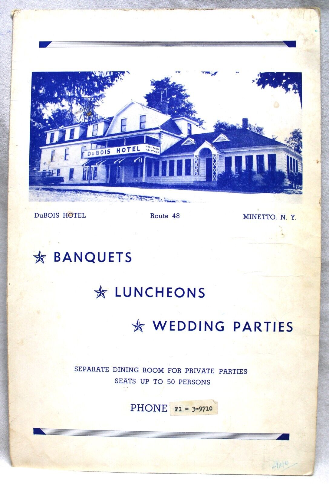 DUBOIS HOTEL RESTAURANT OF MINETTO NEW YORK DINING MENU 1961 VINTAGE