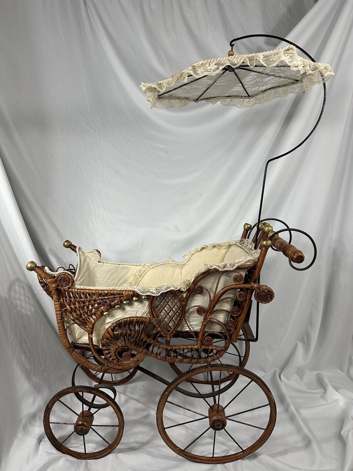 Antique Victorian Baby Doll Stroller With Umbrella Stunning Condition