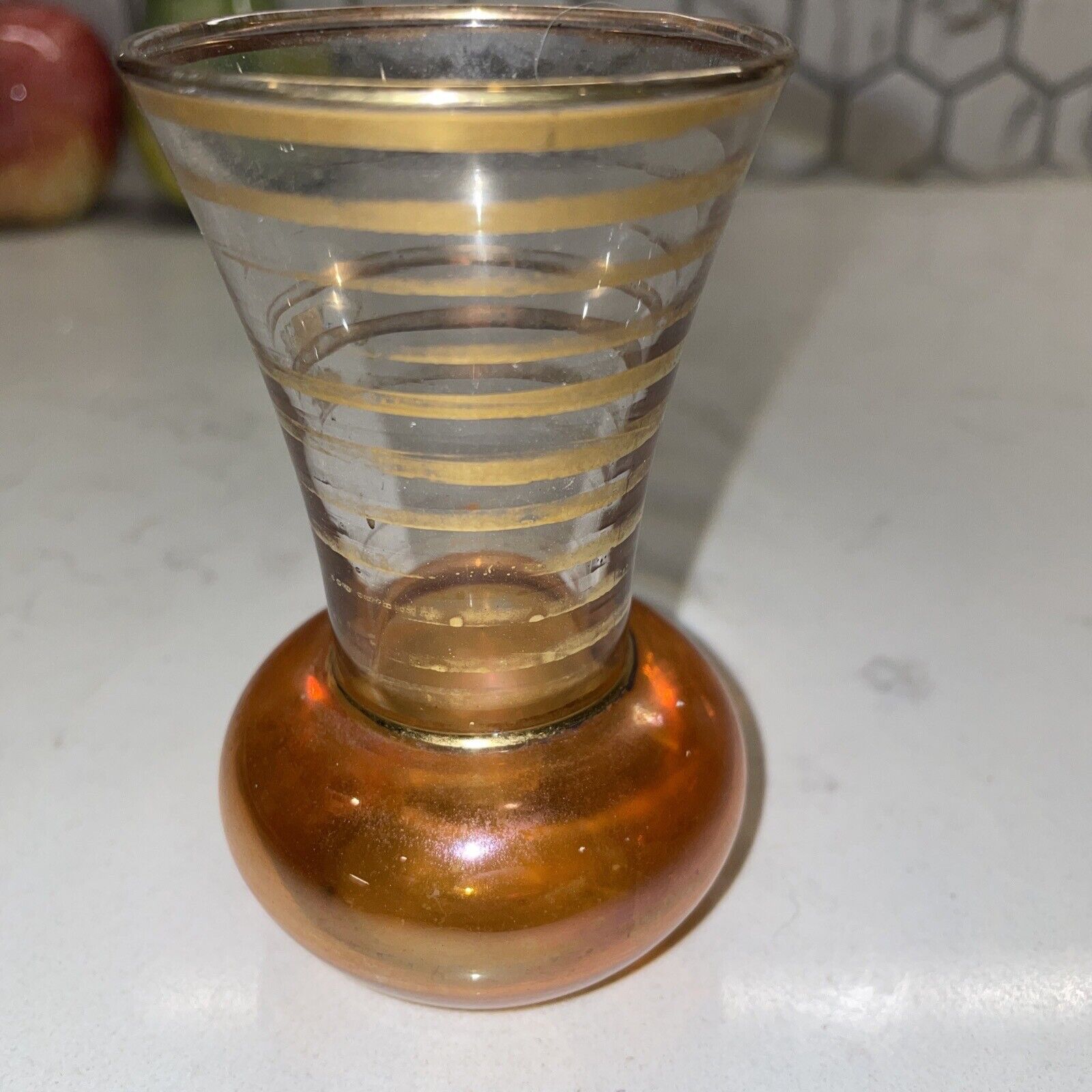 Antique Art Glass Bud Vases Orange Iridescent Gold Stripes