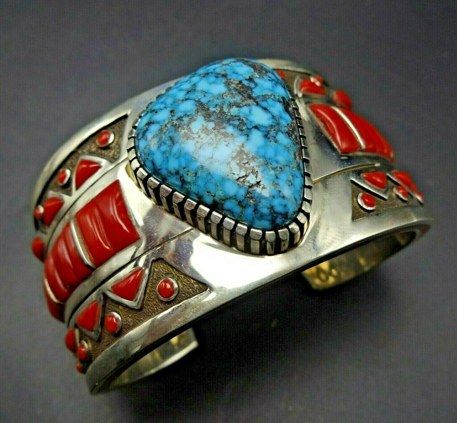 Navajo MICHAEL PERRY SterlingSilver WATERWEB TURQUOISE CORAL INLAY Cuff BRACELET