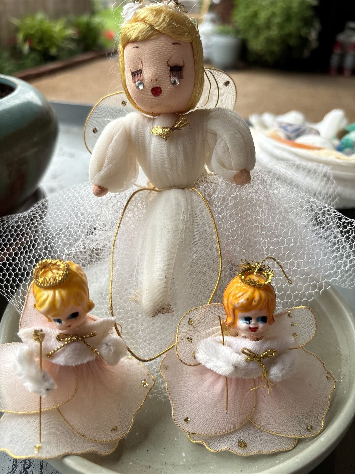Three Vintage Tulle Angel Figurines, Ornaments, Vintage Christmas Decor