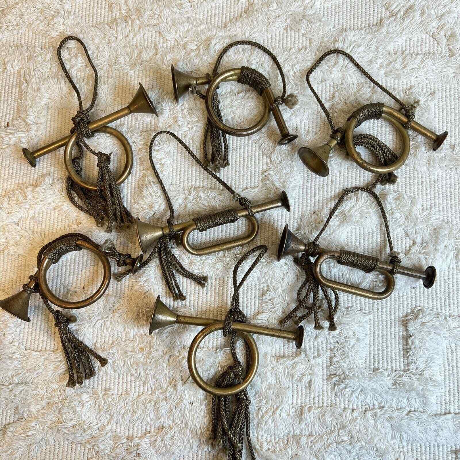 Lot of 7 Vintage BRASS HORNS French Hanging Christmas Holiday ORNAMENT Macrame