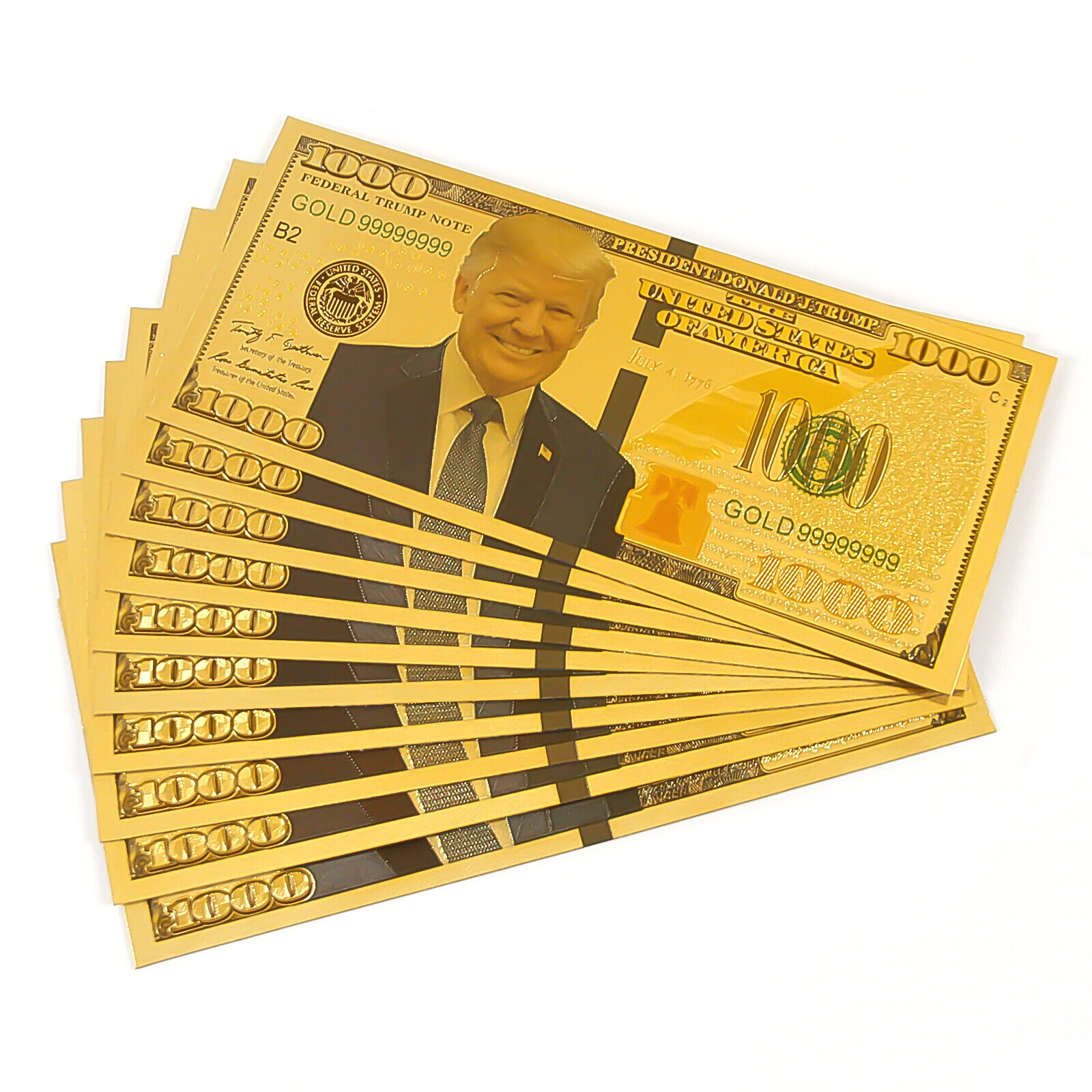 10Pcs President Donald Trump Colorized $1000 Dollar Bill Gold Foil Banknote