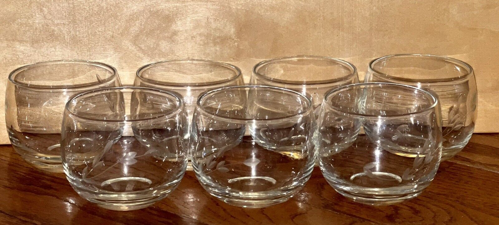 Set of 7 1966 Princess House Heritage Mini Etched Shot/Punch Glass Roly Poly
