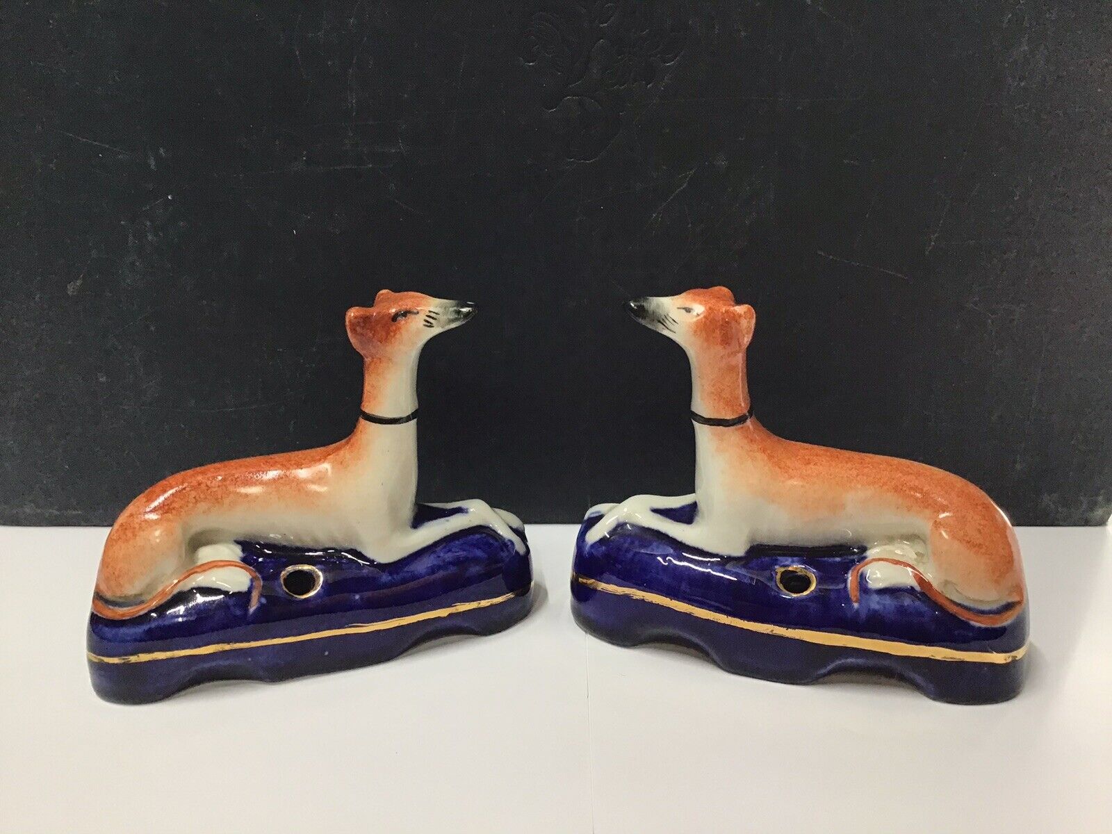 Pair of Antique Victorian Staffordshire Whippet Dog Figurines w/ Inkwells