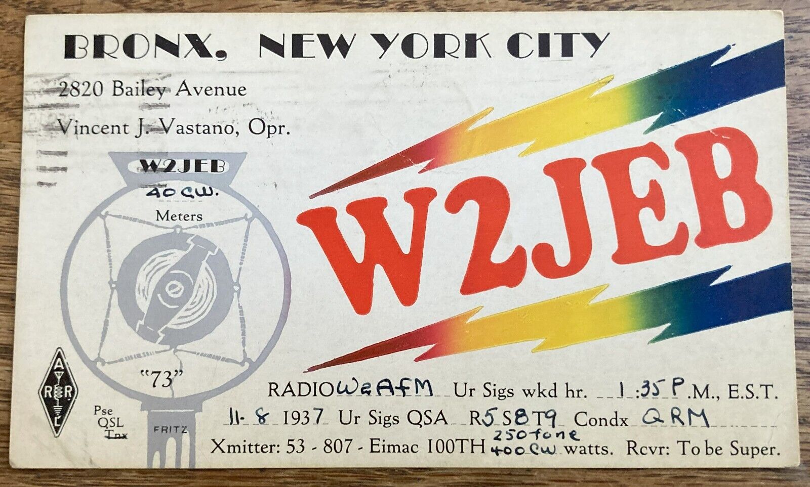 1937 - QSL Card - Bronx NYC, New York USA - Vincent J. Vastano - W2JEB