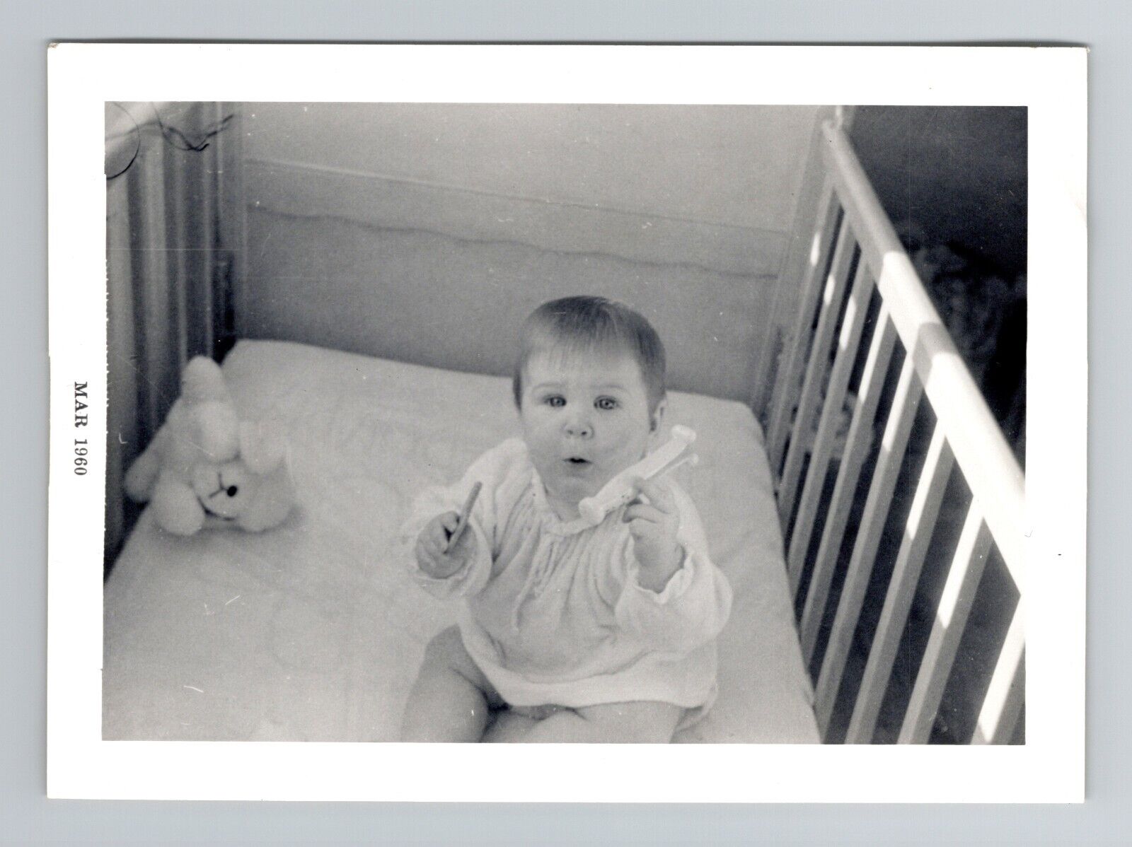 Vintage 1960 Baby in Crib, Black & White Photo, 4 1/2