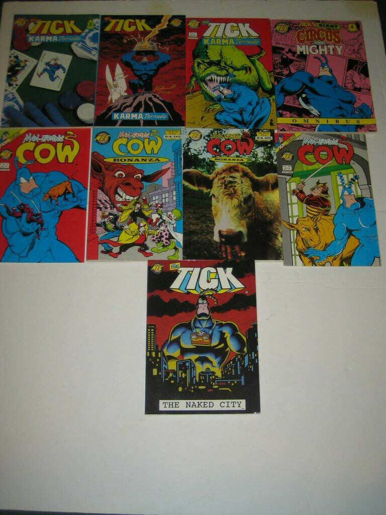 Lot of 9 The Tick  & Man Eating Cow Comics/Graphic Novels--Karma Tornado & More