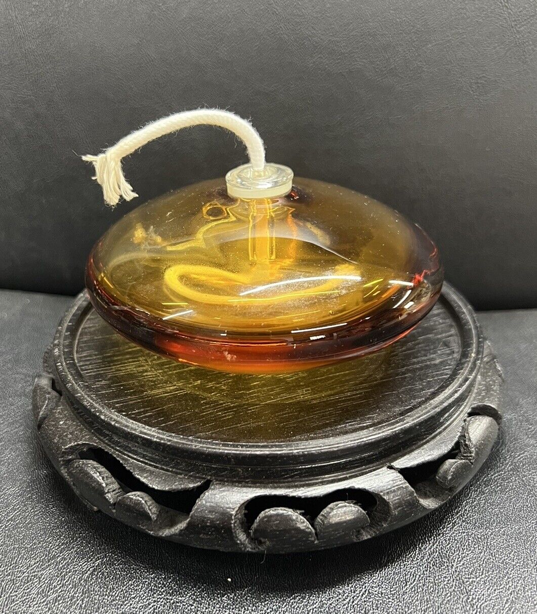 Vintage Amber Oil Lamp “Flying Saucer” Shaped Unused Wick,  4 1/2”