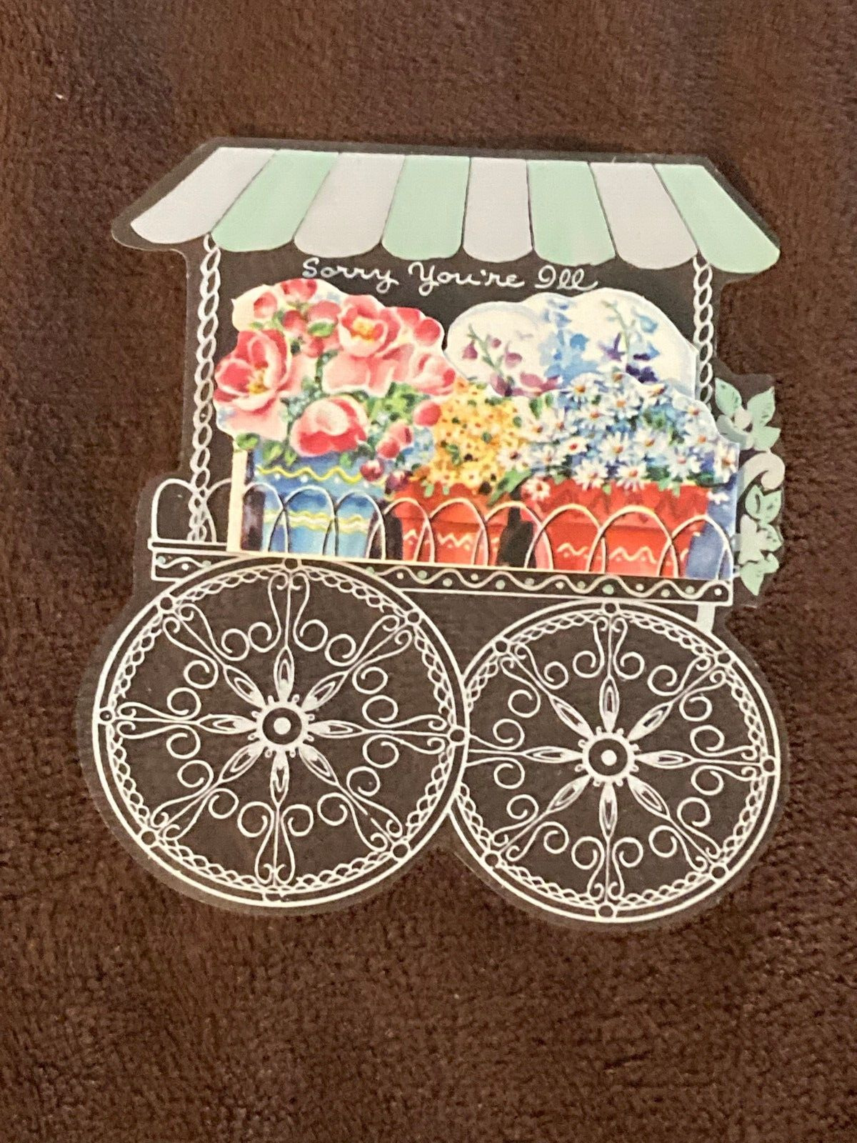 Vintage 1930's Flower Cart Sorry You're ill Get Well Soon Folding Greeting Card