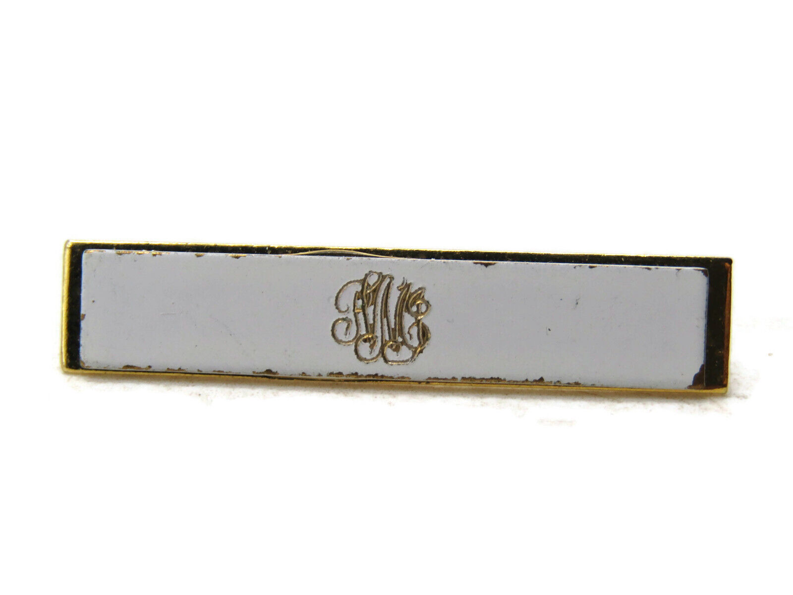 Vintage Rectangle Etched Lettered Pin White & Gold Tone