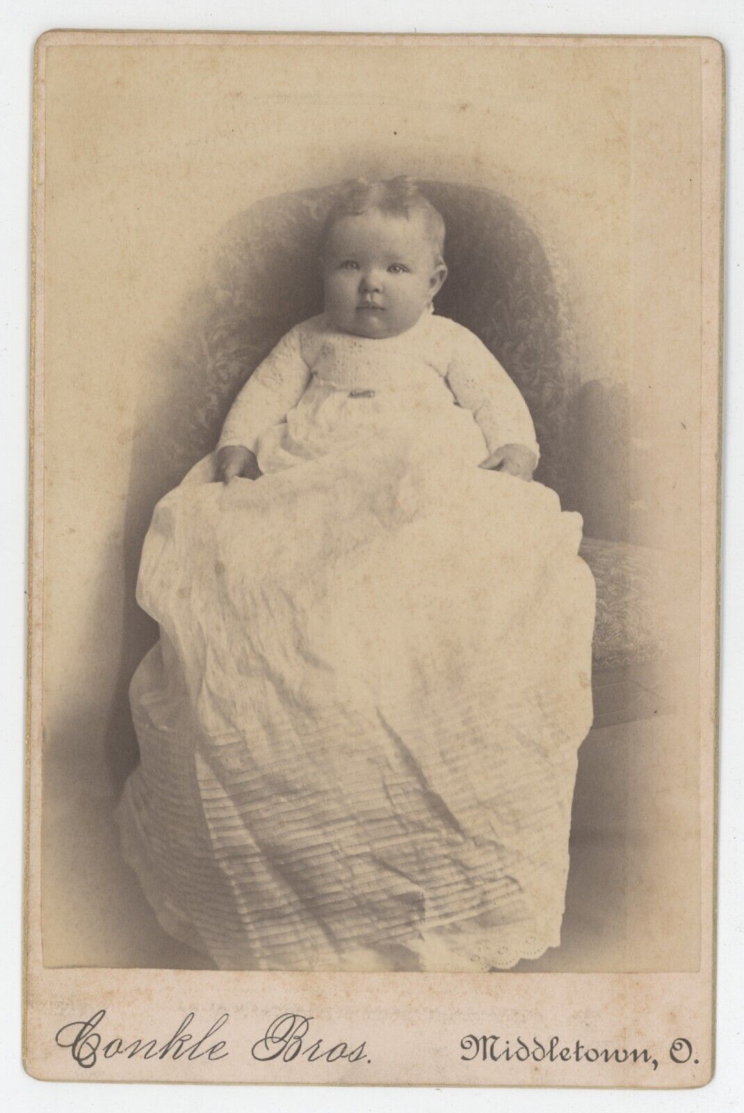 Antique c1880s Cabinet Card Adorable Baby in Dress Conkle Bros. Middletown, OH