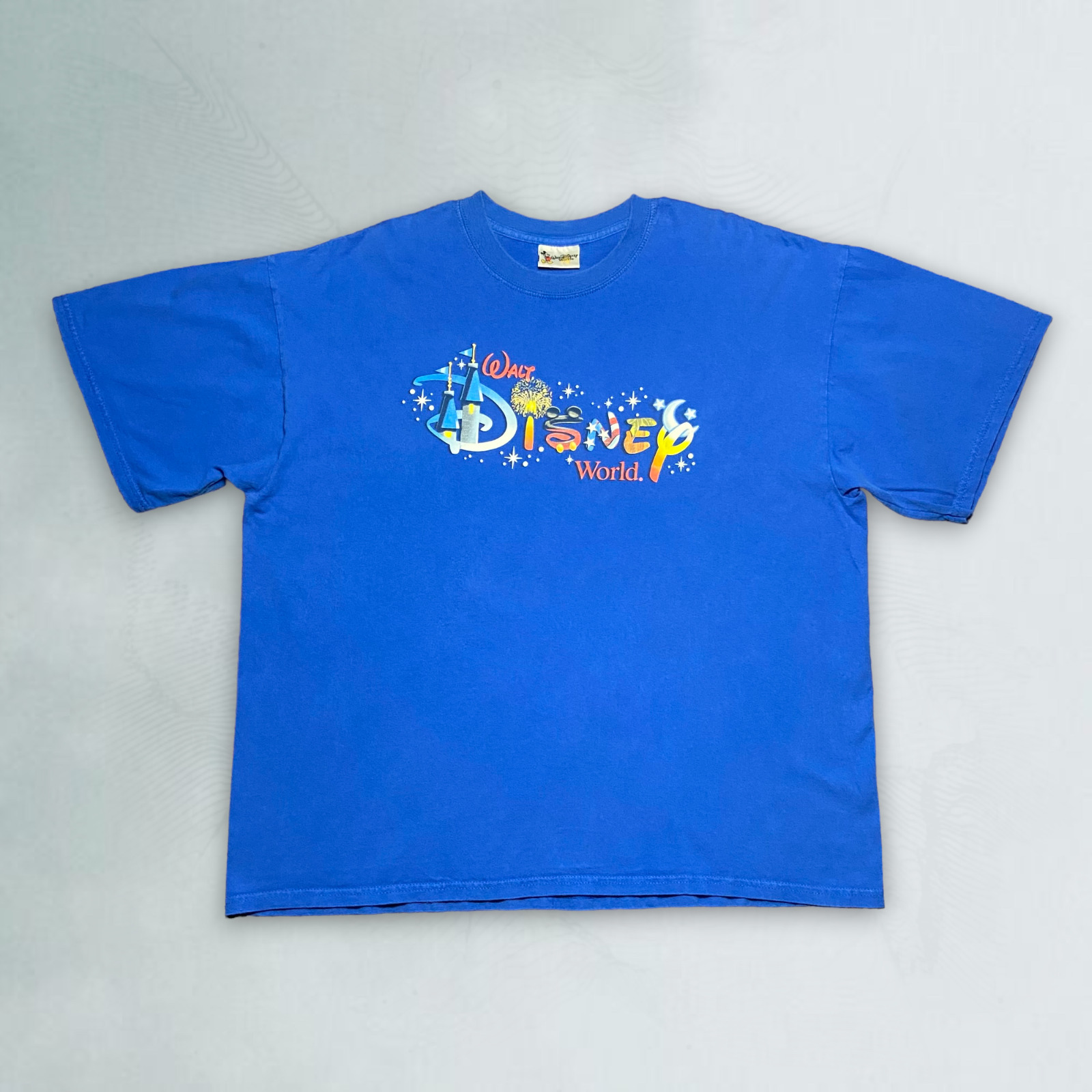 Vintage Disney World Mens Castle Mickey Character Spell out T-Shirt Blue Size XL
