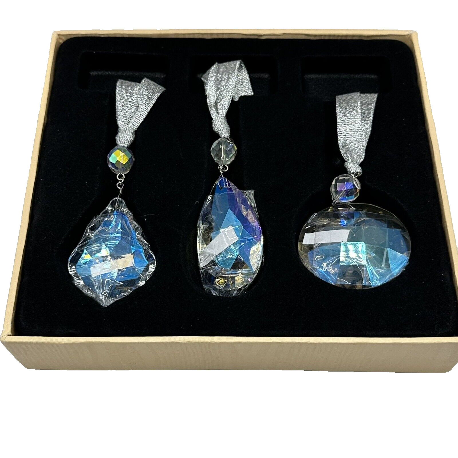 Kirks Folly Three Crystal Ornament Set Silver Ribbon Aurora Borealis NEW in BOX