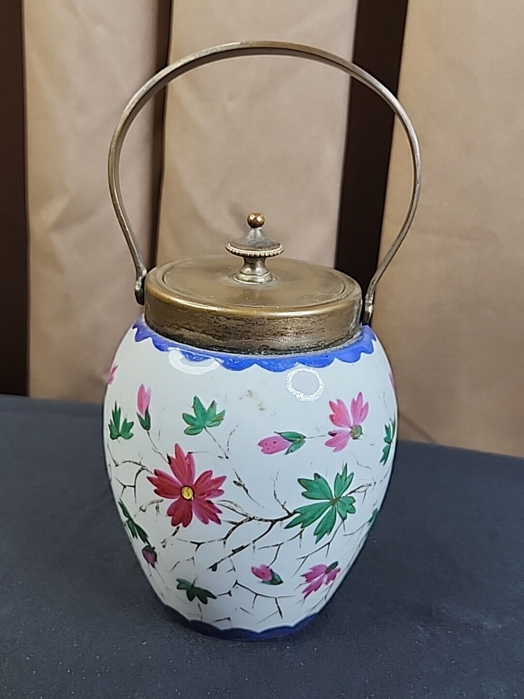 Vintage Antique Biscuit Jar Cookie Trinket Floral 7 In Signed But Unreadable 