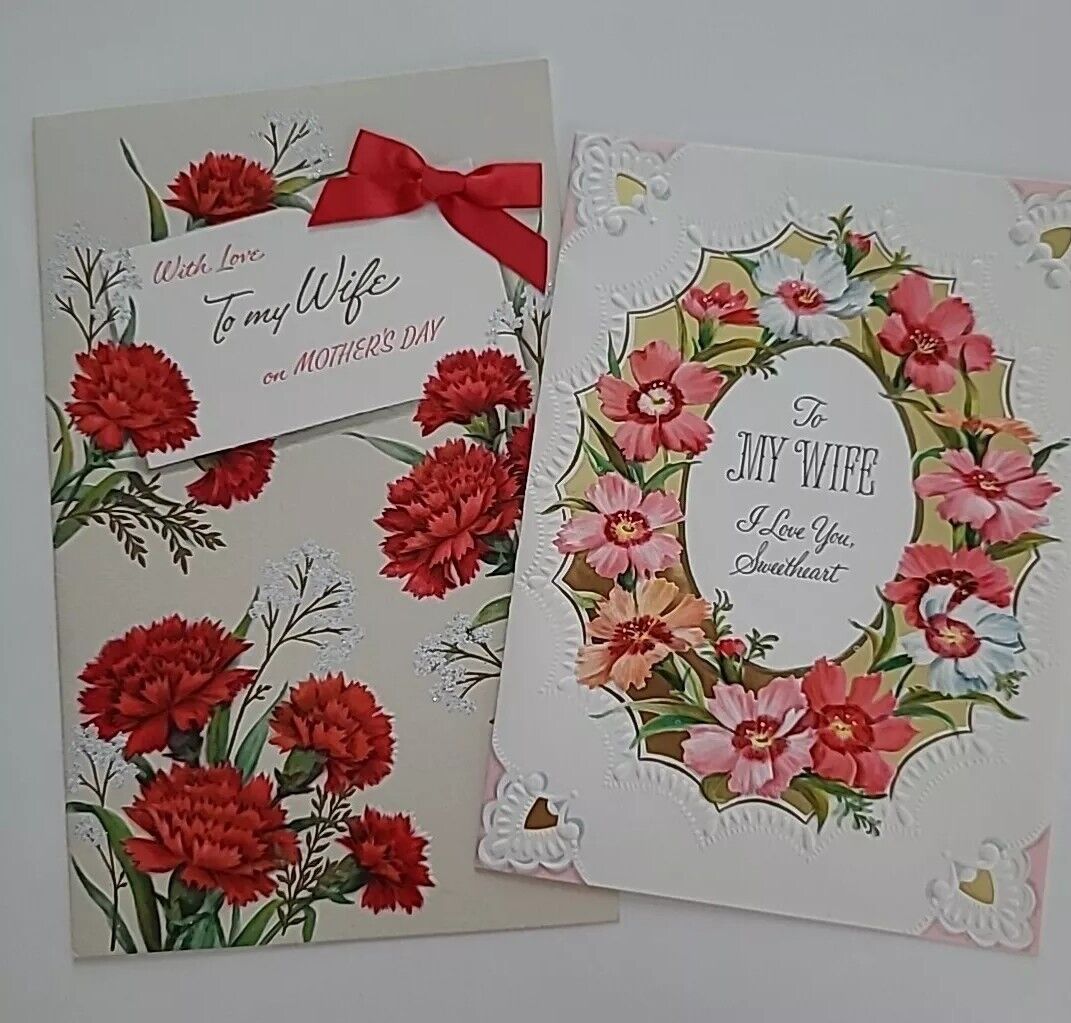 2 Vtg WIFE on MOTHERS DAY 1959 Ribbon GLITTER & 1961 FOIL HEARTS Embossed CARDS